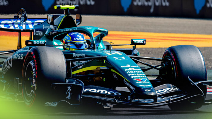 Fernando Alonso on track at the wheel of his Aston Martin AMR26 with its Honda power unit.