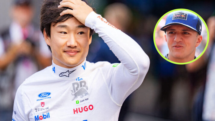 Yuki Tsunoda with his hand on his head, Isack Hadjar in the circle