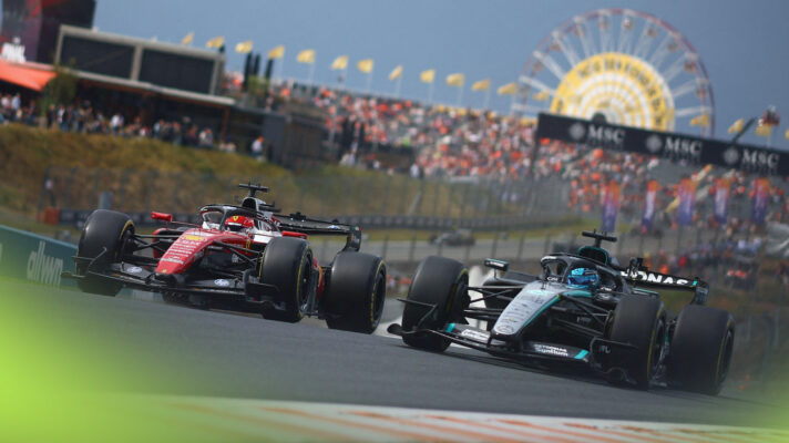 Charles Leclerc and George Russell go side by side at Zandvoort during the 2026 Dutch GP weekend.