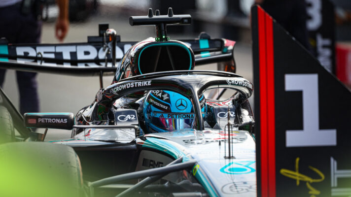 George Russell pulls up to the 1 board in parc ferme after sprint qualifying at the Dutch GP.