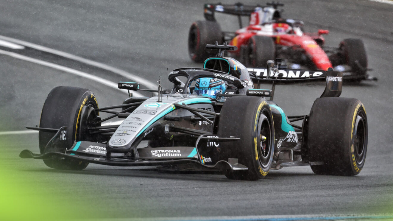 George Russell leads Charles Leclerc on track during the Dutch GP Sprint.