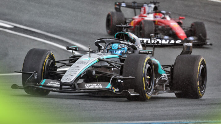 George Russell leads Charles Leclerc on track during the Dutch GP Sprint.