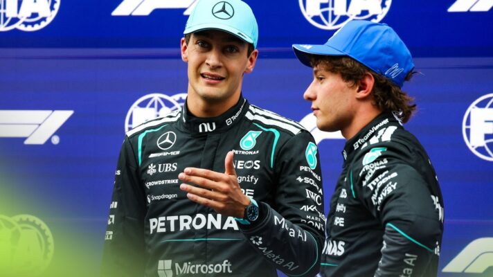George Russell and Kimi Antonelli in conversation in parc ferme.