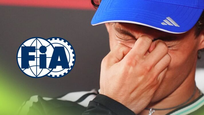 Kimi Antonelli covers his face with his hands with an FIA logo alongside him