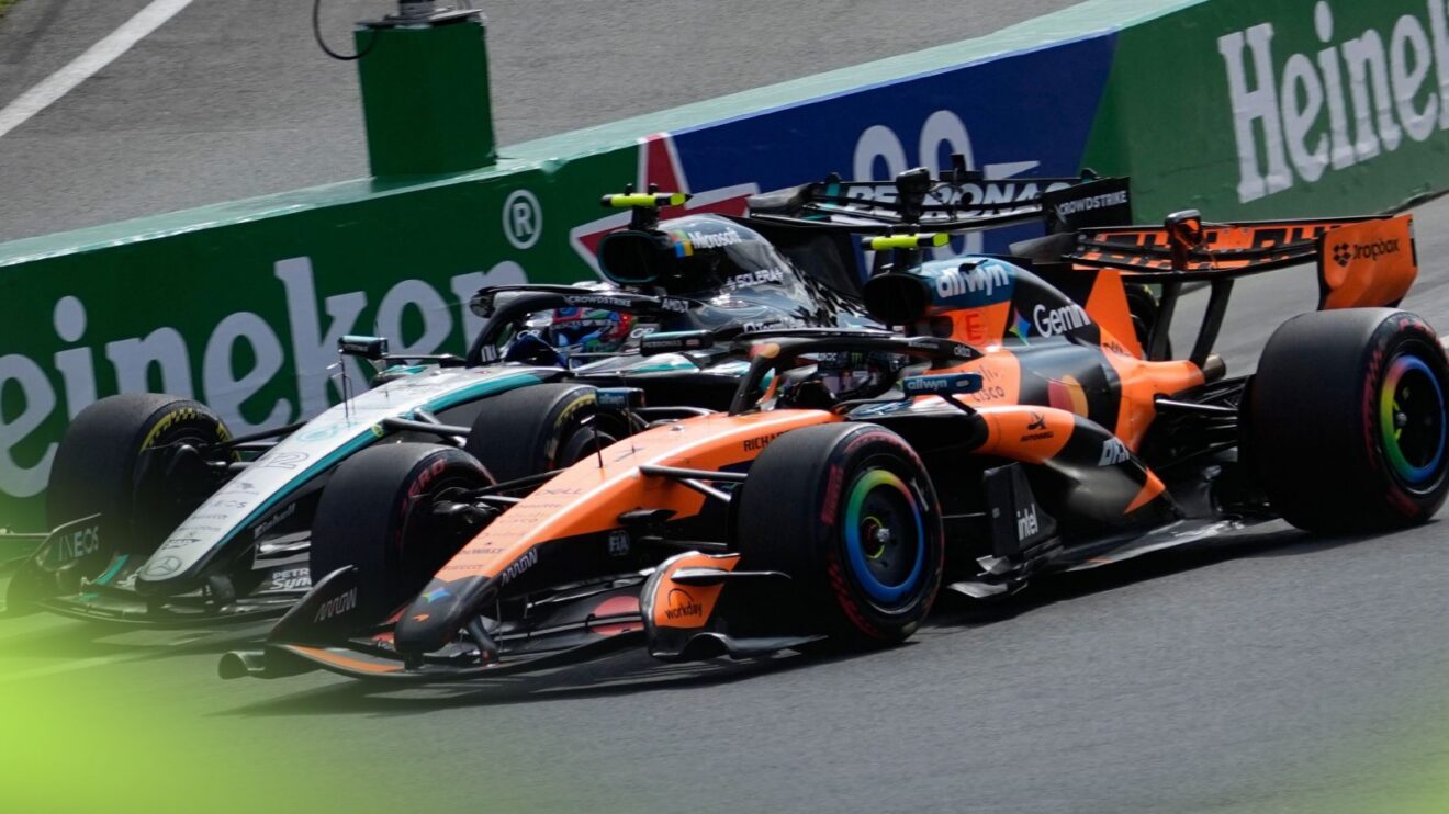 Kimi Antonelli, Mercedes and Lando Norris, McLaren, in battle at the 2026 Dutch Grand Prix