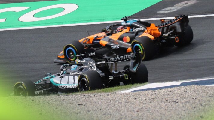 George Russell, Mercedes and Oscar Piastri, McLaren, side-by-side at the 2026 Dutch Grand Prix