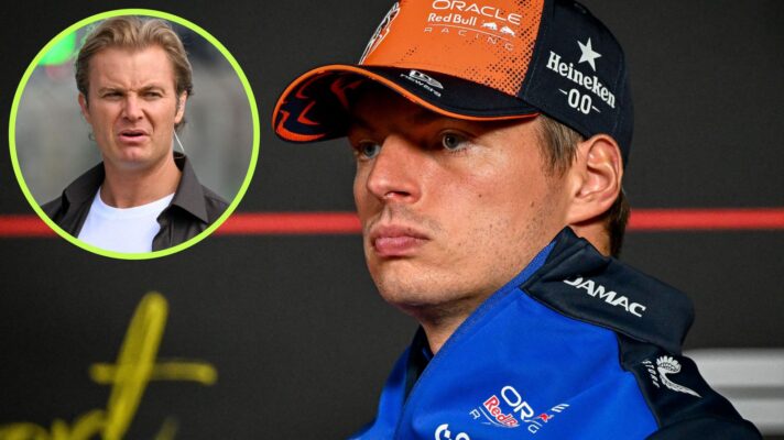 Max Verstappen, Red Bull, pictured at the 2026 Dutch Grand Prix, as Nico Rosberg appears in a top left circle