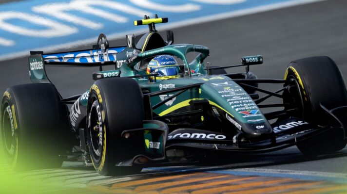 Fernando Alonso drives the Aston Martin AMR26, powered by Honda, at the 2026 Dutch Grand Prix