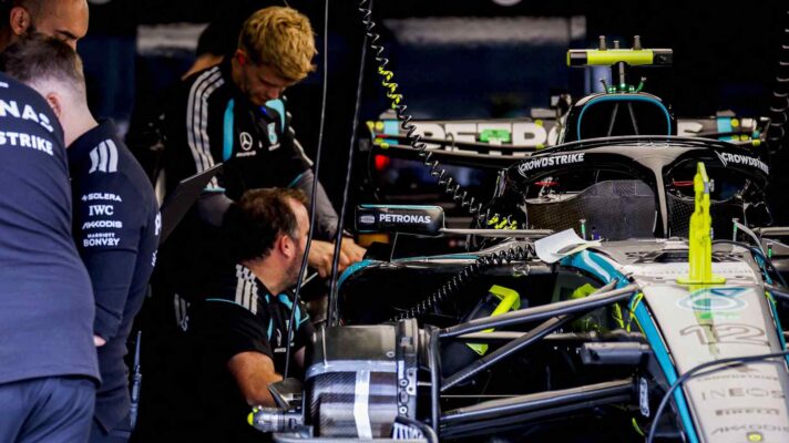 Mercedes upgrades are worked on by team mechanics.