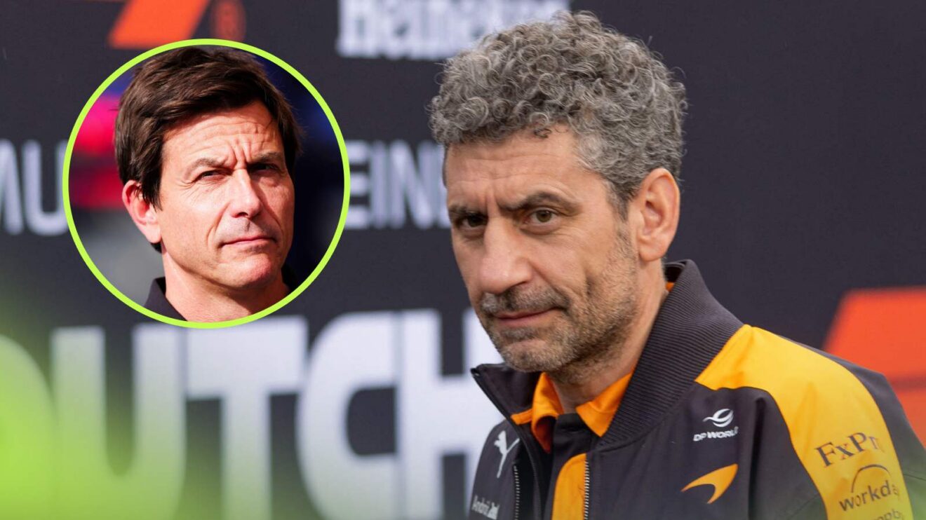 McLaren team principal Andrea Stella with Mercedes team principal Toto Wolff inset.
