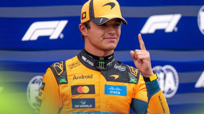 Lando Norris, McLaren, throws up the '1' finger at the 2026 Dutch Grand Prix