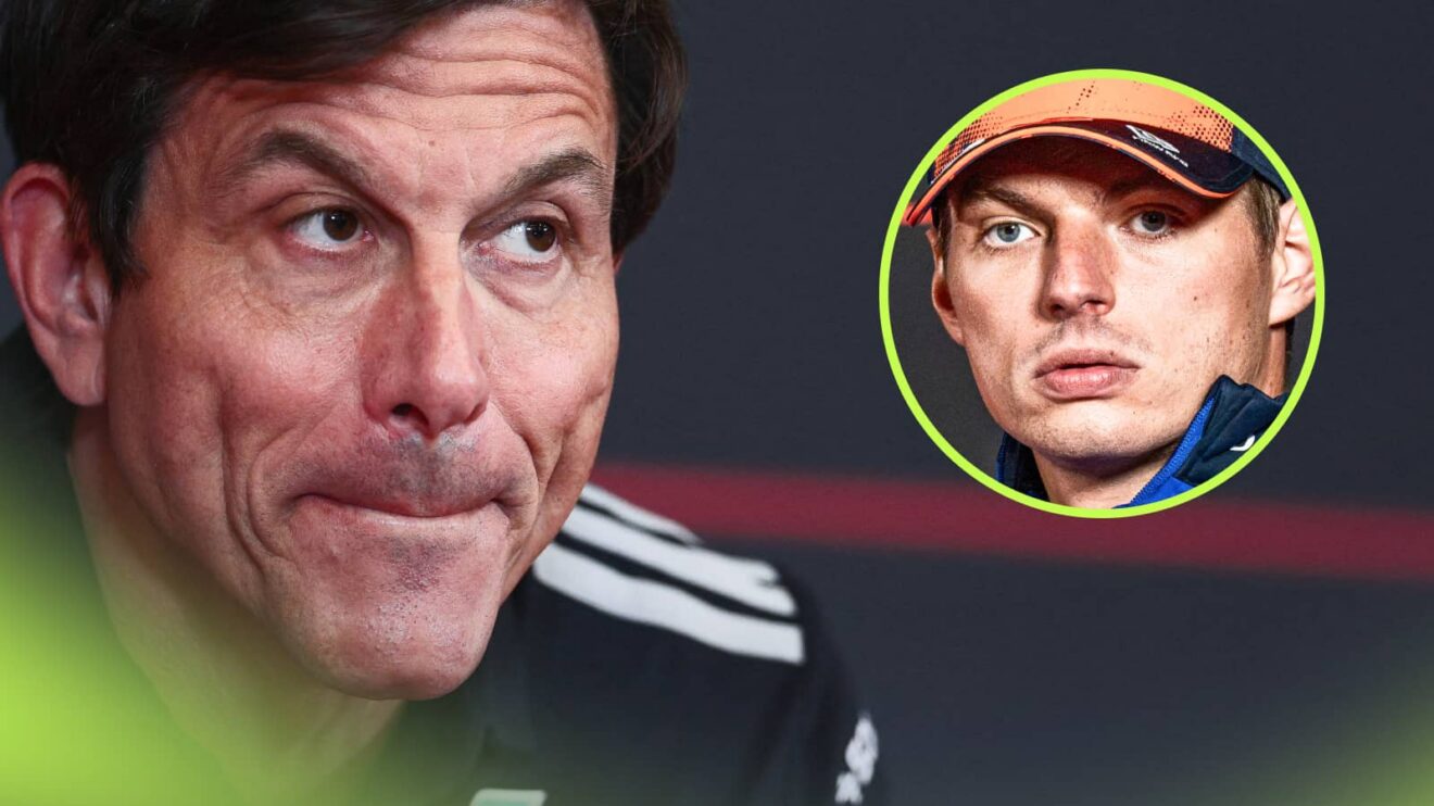 Toto Wolff pulls a face in a press conference with an inset of Max Verstappen alongside him