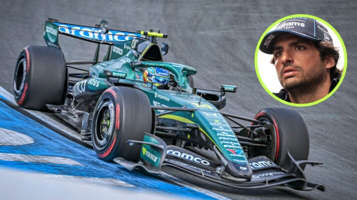 Fernando Alonso, Aston Martin, in action at the 2026 Dutch Grand Prix, as Carlos Sainz, Williams, appears in a top right circle