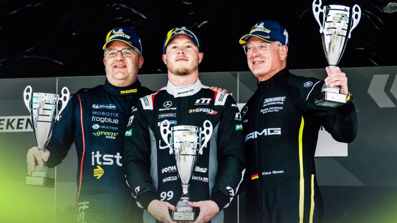 Nikita Mazepin on the podium at Spa-Francorchamps.