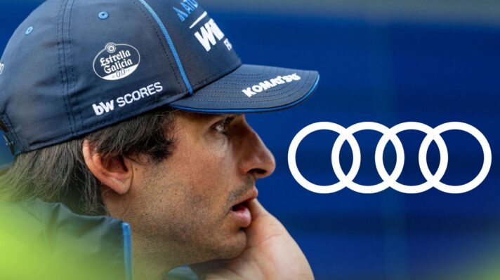 Carlos Sainz, Williams, pictured at the 2026 Dutch Grand Prix, as an Audi logo appears on the right