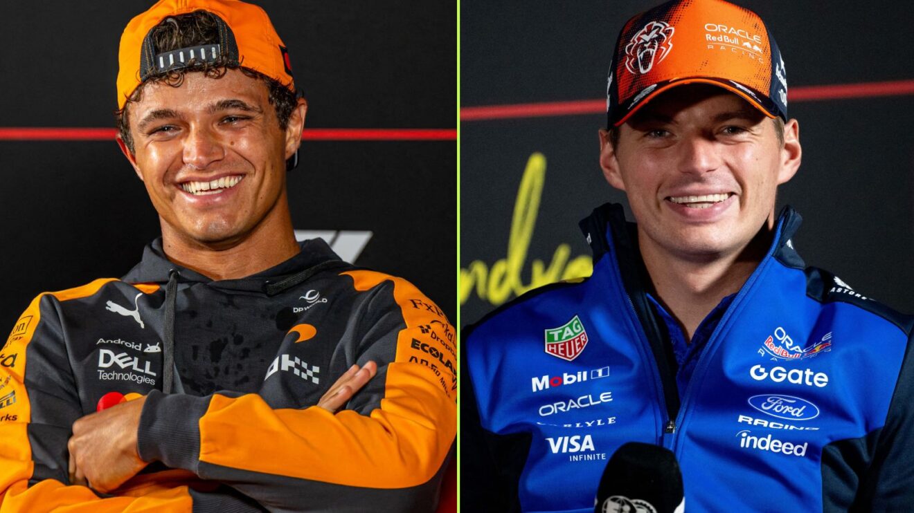 On the left Lando Norris, McLaren, and on the right, Max Verstappen, Red Bull, pictured at the 2026 Dutch Grand Prix