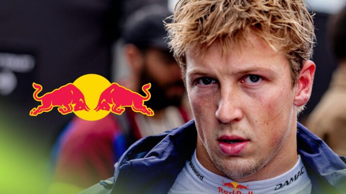 Liam Lawson pictured at the 2026 Italian Grand Prix, as a Red Bull logo appears on the left