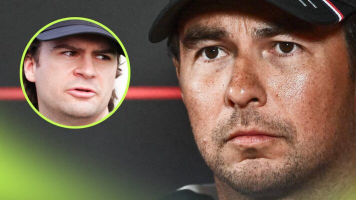 A close-up shot of Sergio Perez in a press conference with an inset of Colton Herta