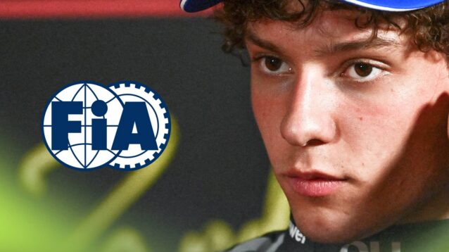 A close-up shot of Kimi Antonelli in a press conference with a prominent FIA logo alongside him