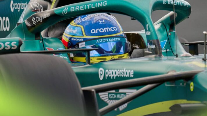 An action shot of Fernando Alonso at the wheel of the Aston Martin AMR26 at Zandvoort