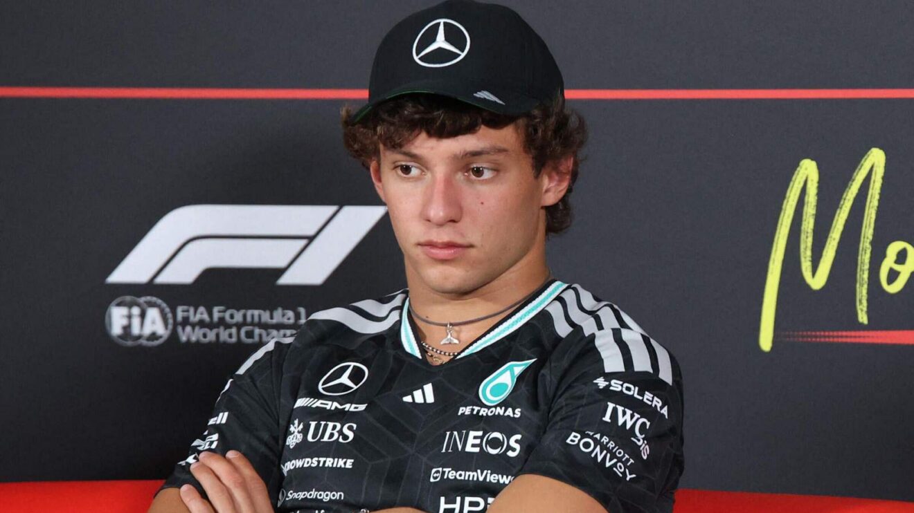 Mercedes driver Kimi Antonelli sits in the Monza press conference.