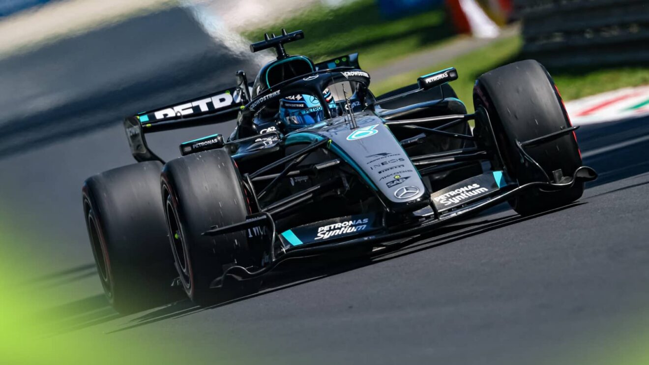 George Russell's Mercedes on track at a sunny Monza