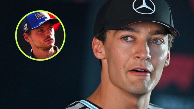 George Russell, Mercedes, pictured at the 2026 Italian Grand Prix, as Max Verstappen appears in a top left circle