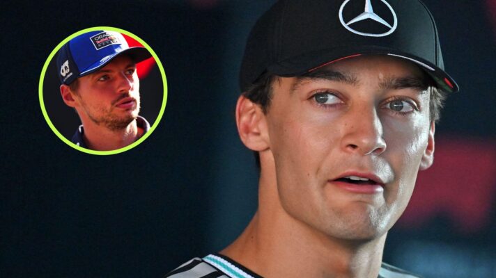 George Russell, Mercedes, pictured at the 2026 Italian Grand Prix, as Max Verstappen appears in a top left circle