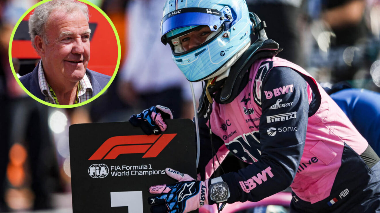 Pierre Gasly celebrates with the number one board, Jeremy Clarkson in the circle