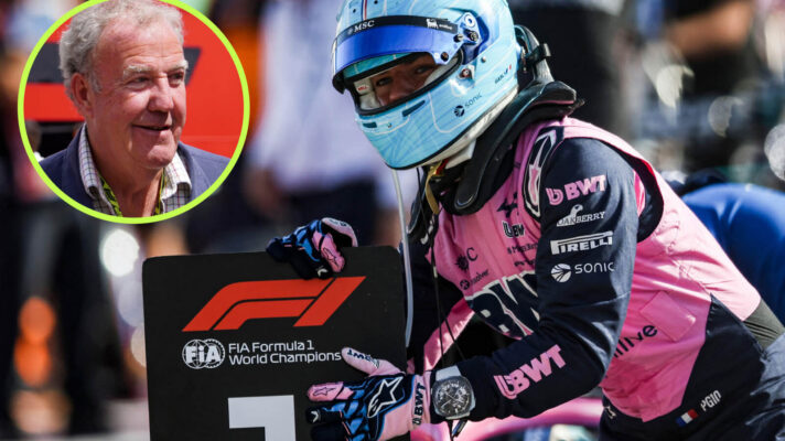 Pierre Gasly celebrates with the number one board, Jeremy Clarkson in the circle