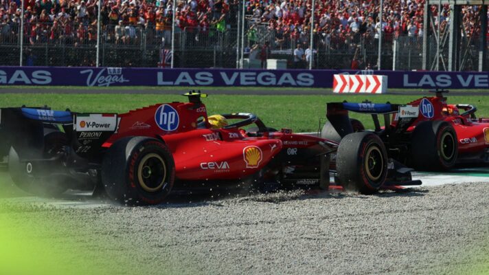 Lewis Hamilton and Charles Leclerc, Ferrari, in battle, at the 2026 Italian Grand Prix