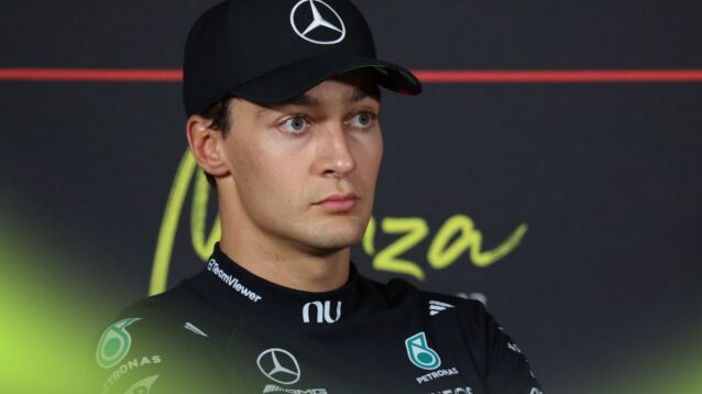 Mercedes driver George Russell speaking at the 2026 Italian Grand Prix