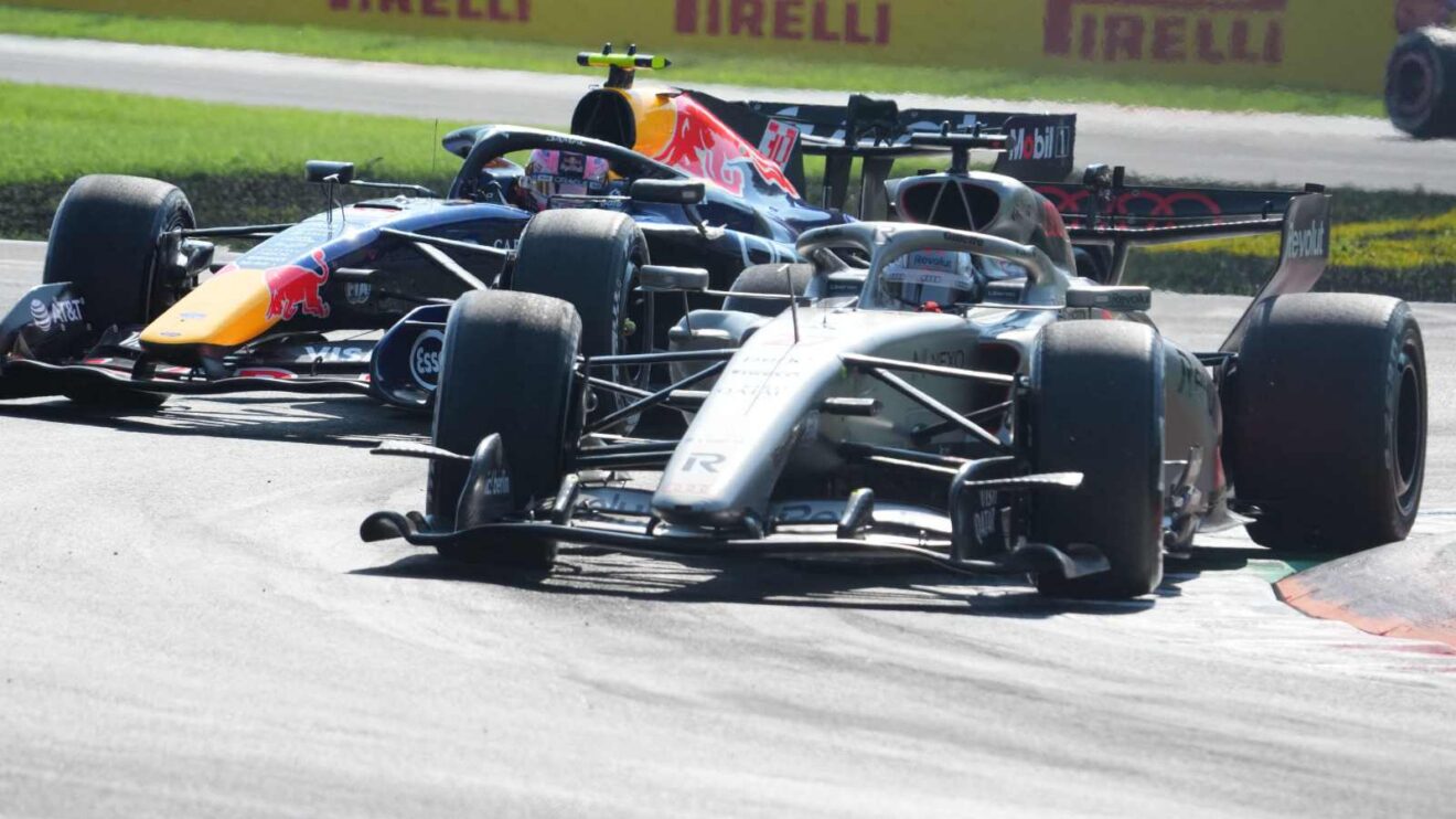 Nico Hulkenberg leads Liam Lawson at the Rettifilo chicane at Monza.