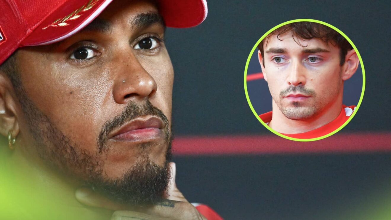 A close-up shot of Lewis Hamilton in a press conference with an inset of Charles Leclerc