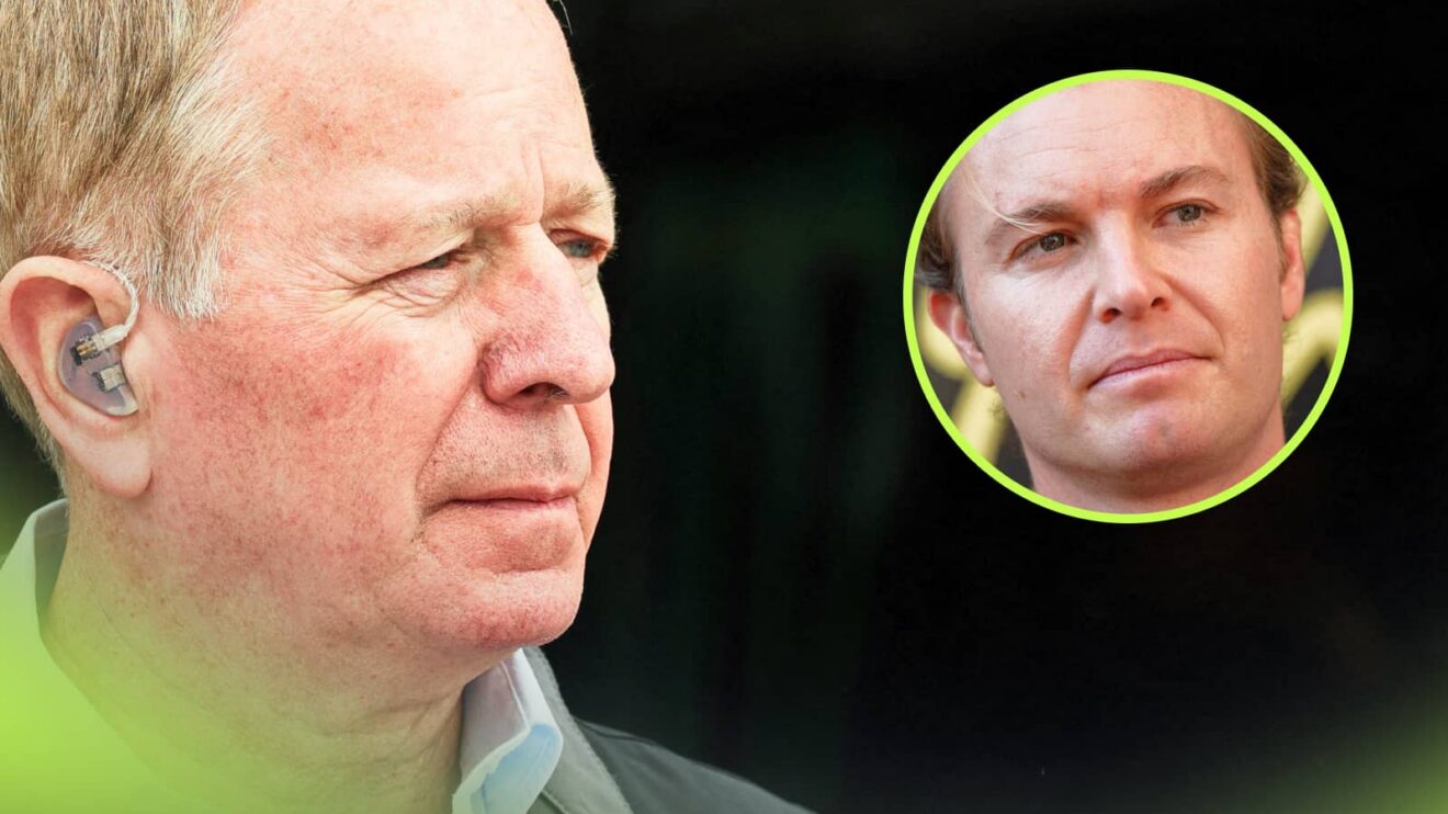 Martin Brundle looks on against a dark background with an inset of Nico Rosberg alongside him