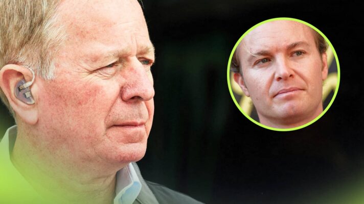 Martin Brundle looks on against a dark background with an inset of Nico Rosberg alongside him