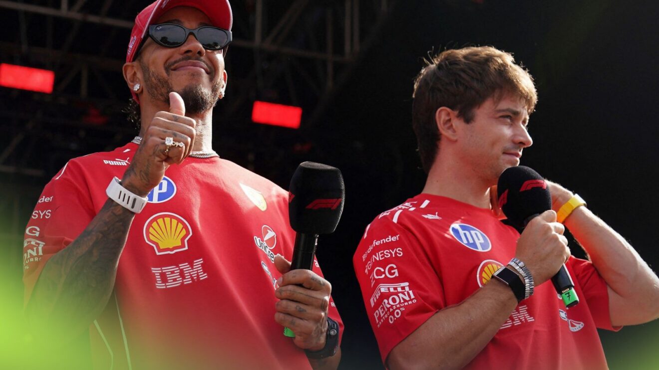 Ferrari teammates Lewis Hamilton and Charles Leclerc speaking at the 2026 Italian Grand Prix