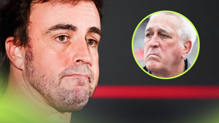 Fernando Alonso in a press conference with an inset of Lawrence Stroll