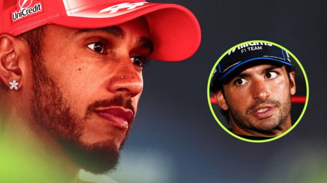 Lewis Hamilton looks on while wearing a red Ferrari cap with an inset of Carlos Sainz alongside him