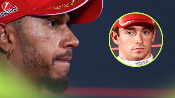 A side-profile shot of Lewis Hamilton in a press conference with an inset of Charles Leclerc