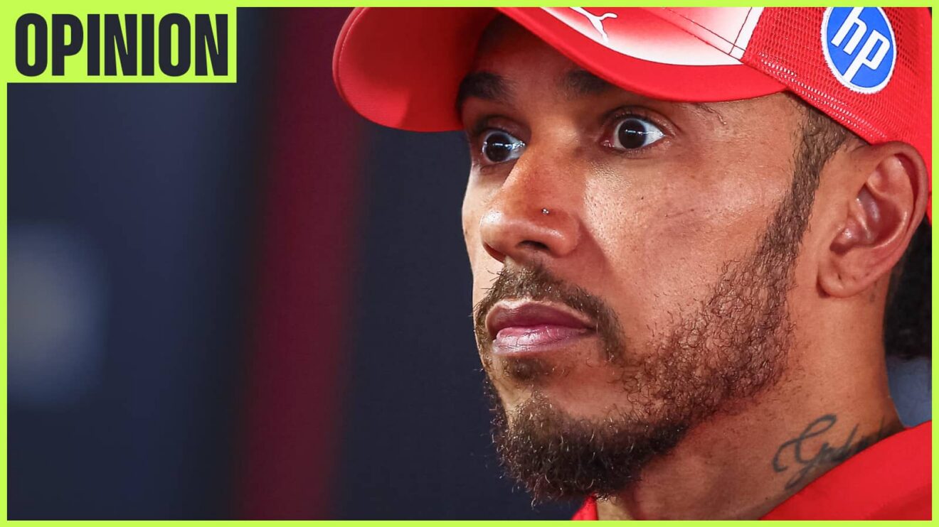 A close-up shot of Lewis Hamilton with his eyes wide and an 'opinion' tab in the top-left corner