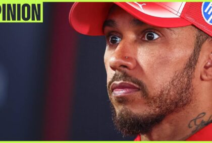 A close-up shot of Lewis Hamilton with his eyes wide and an 'opinion' tab in the top-left corner