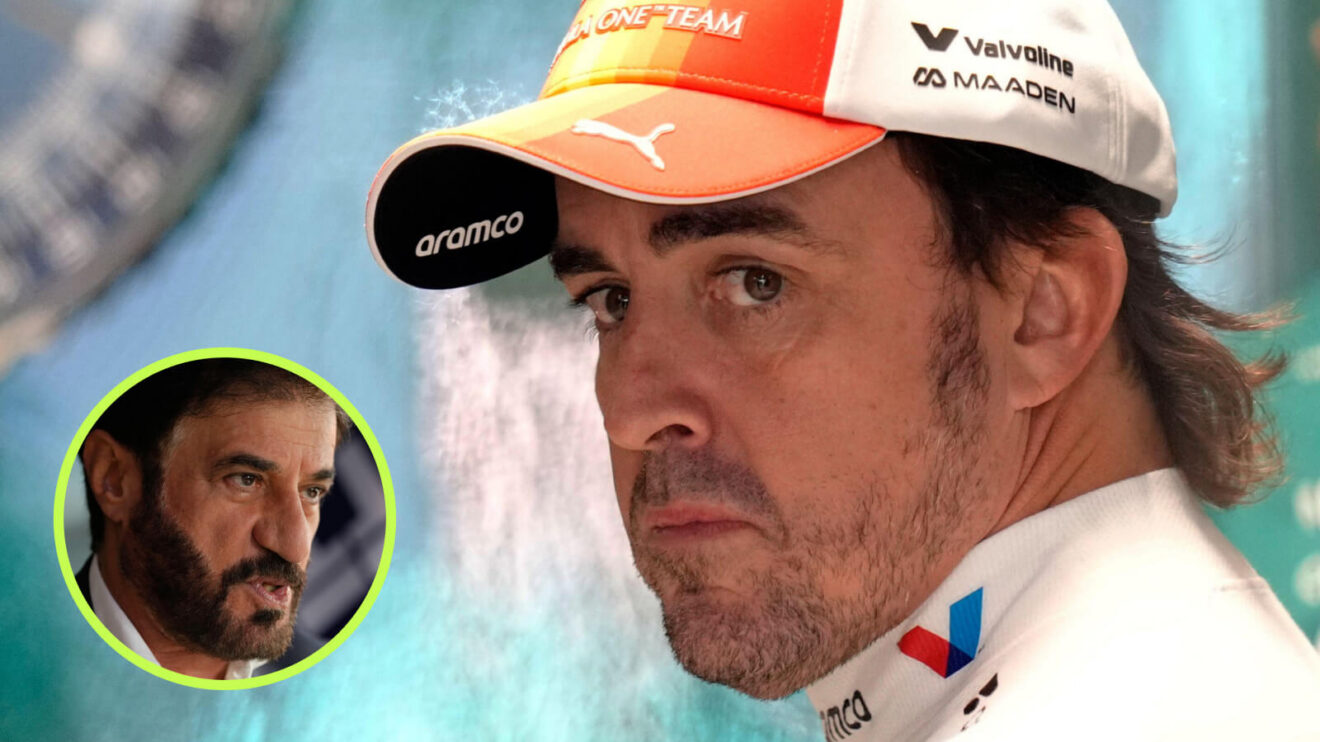 Fernando Alonso staring, wearing Spanish GP Aston Martin cap. Mohammed Ben Sulayem in the circle