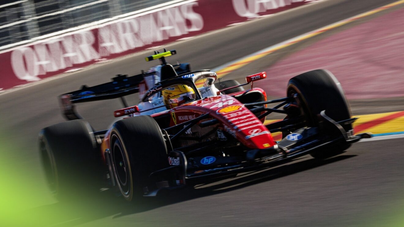 Lewis Hamilton on track at the Madring in his Ferrari during practice for the Spanish Grand Prix.