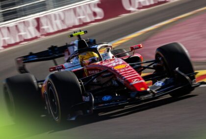 Lewis Hamilton on track at the Madring in his Ferrari during practice for the Spanish Grand Prix.