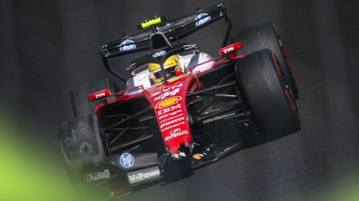 Lewis Hamilton driving his damaged Ferrari SF-26 after barrier contact at the 2026 Spanish Grand Prix