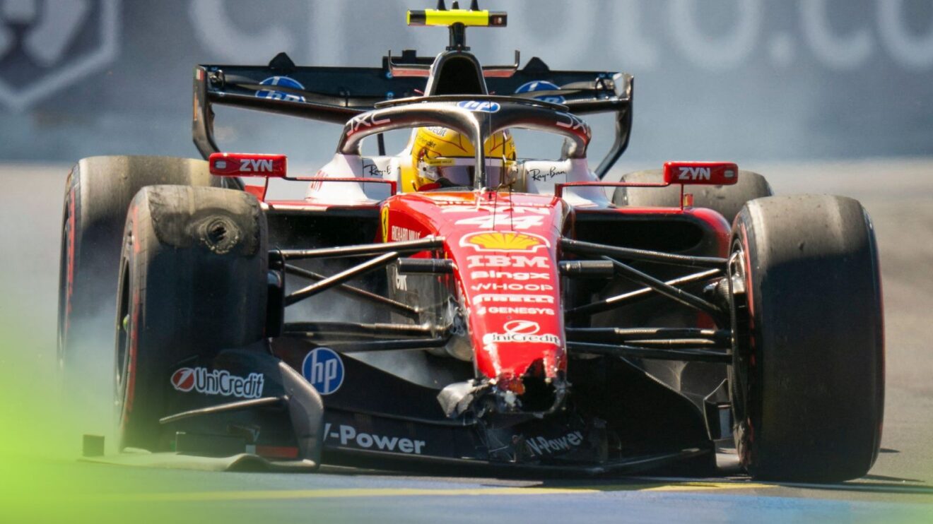 Lewis Hamilton driving his damaged Ferrari at the 2026 Spanish Grand Prix