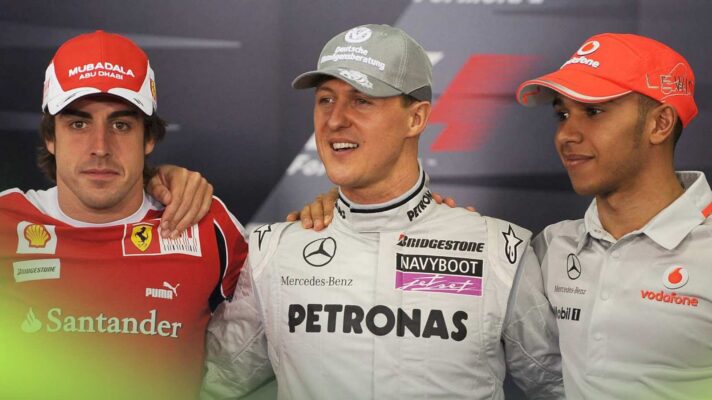 Fernando Alonso, Michael Schumacher and Lewis Hamilton all photographed together during the 2012 season.