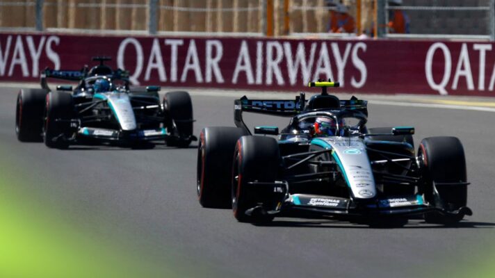 Kimi Antonelli and George Russell, Mercedes, in action at the 2026 Spanish Grand Prix