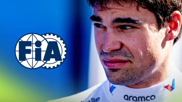 Lance Stroll looking to the side, FIA logo